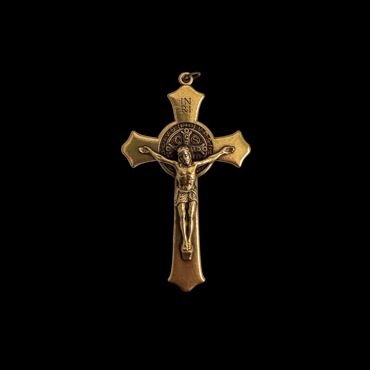 Large Bronze Saint Benedict Crucifix Cross with Flared Edges 3-1/8 inches long
