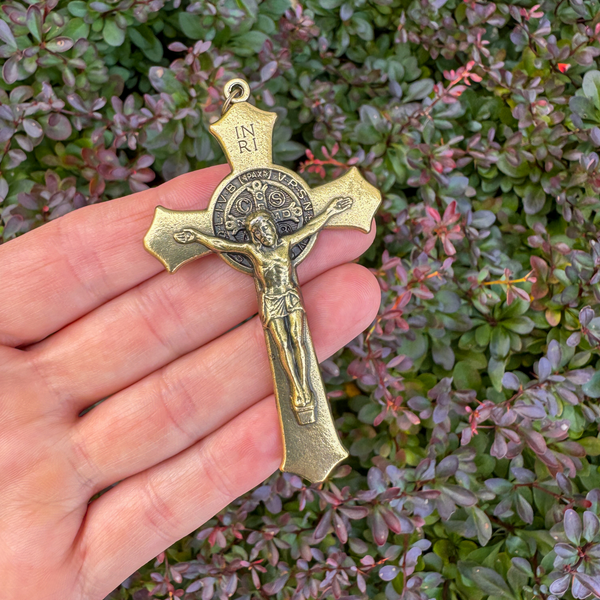 Large Bronze Saint Benedict Crucifix Cross with Flared Edges 3-1/8 inches long