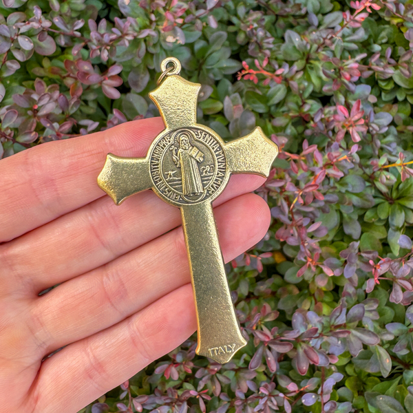Large Bronze Saint Benedict Crucifix Cross with Flared Edges 3-1/8 inches long