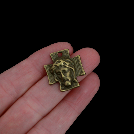 Bronze Face of Jesus Christ Cross Pendants - Crown of Thorn Charms 10pcs