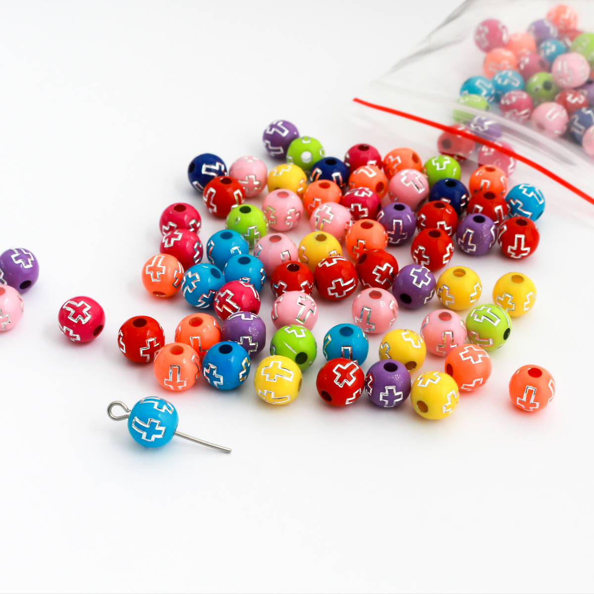 Silver Etched Cross Pattern Beads - Random Mix of Colors, 8mm Round Acrylic, 100pcs