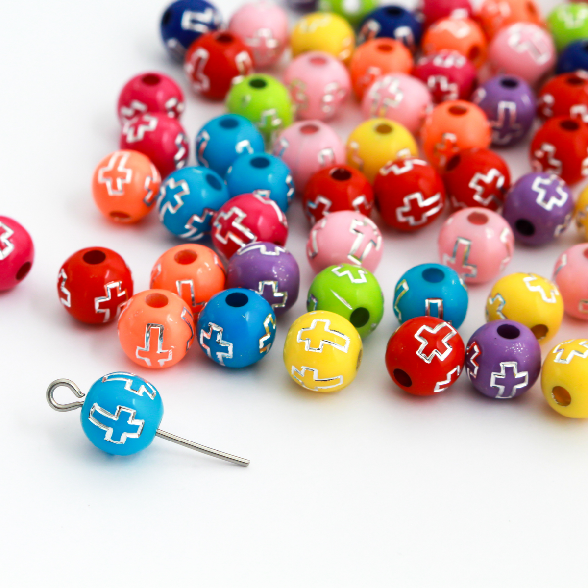 Silver Etched Cross Pattern Beads - Random Mix of Colors, 8mm Round Acrylic, 100pcs