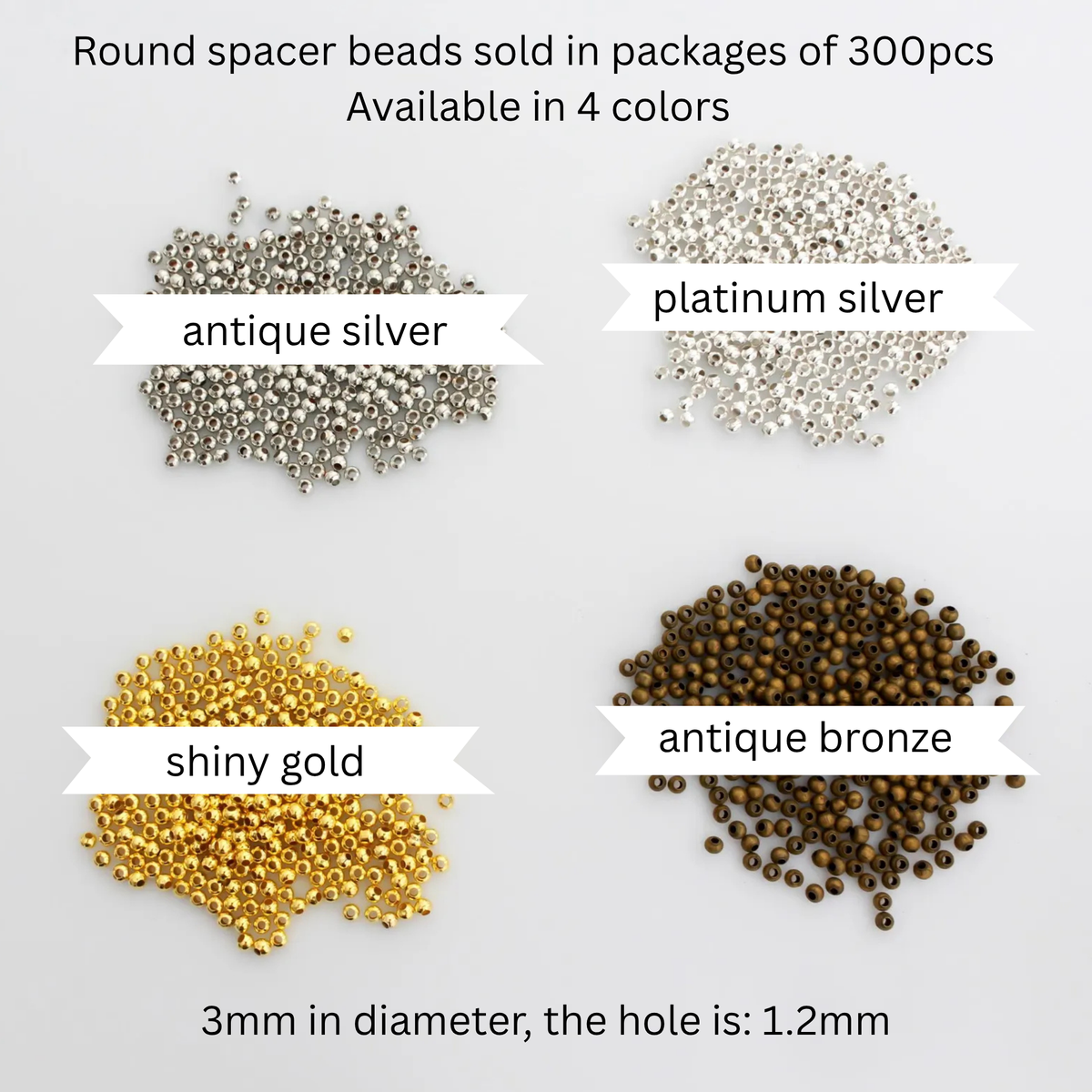 Iron Spacer Beads, Round 3mm in Diameter Available in Silver, Bronze, Gold - 300pcs