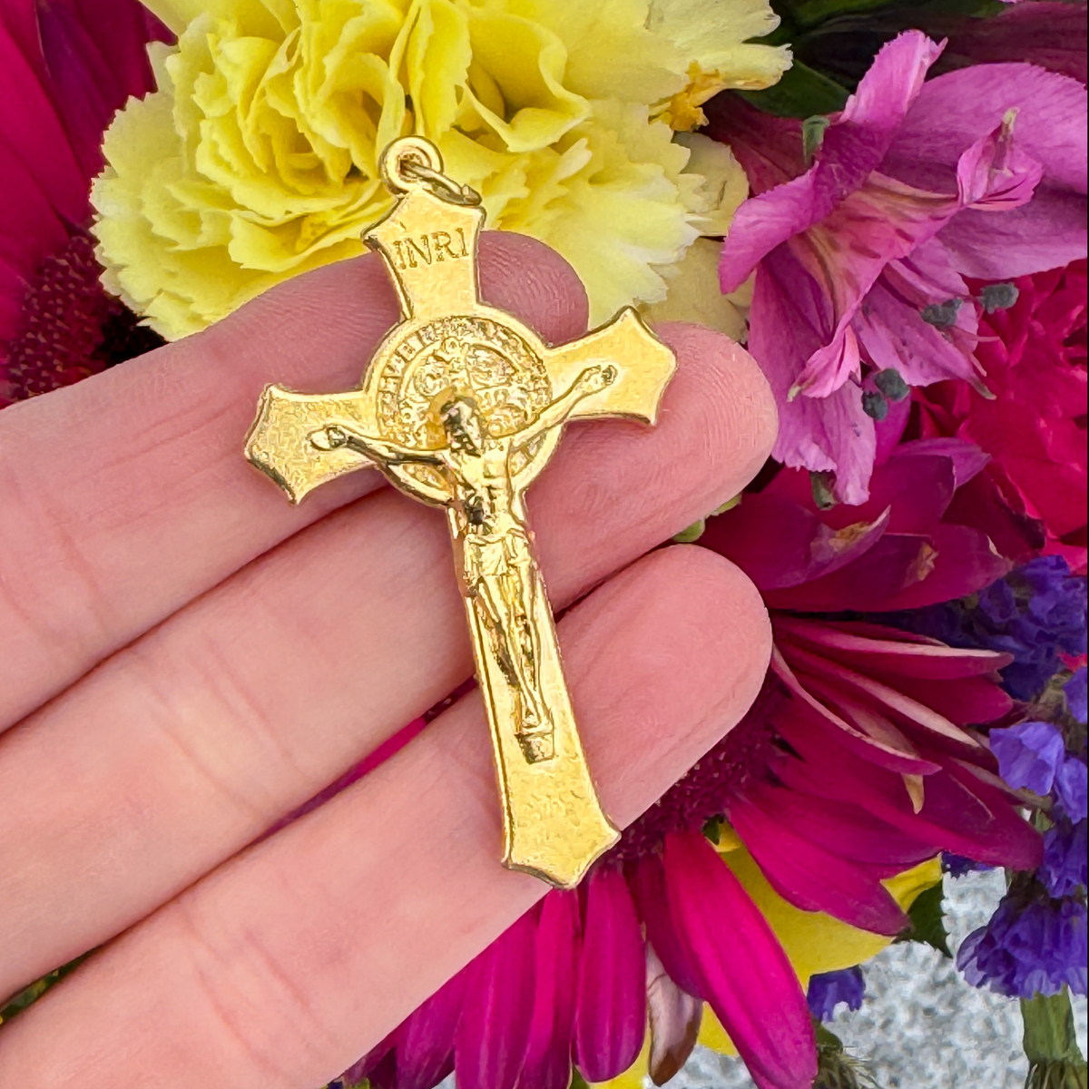 Gold St. Benedict Rosary Crucifix Cross with Flared Edges 2-1/8" Long