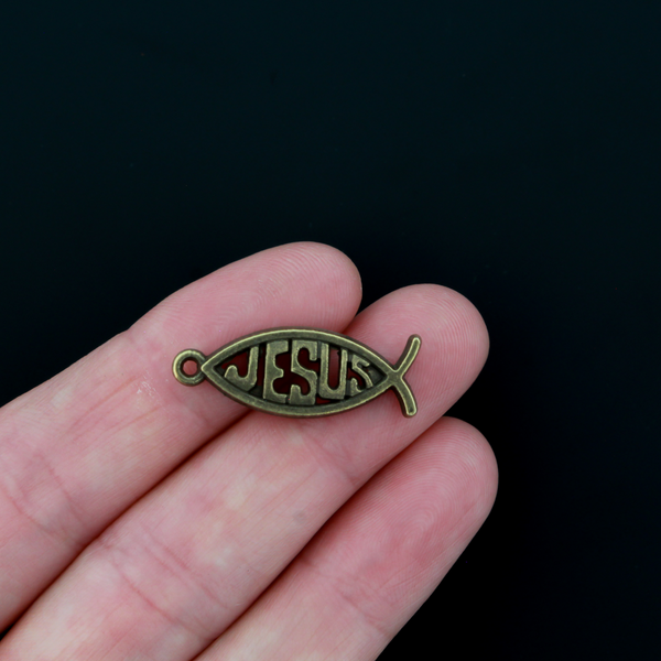 Bronze Jesus Fish Charms Christian Ichthys Symbol 27mm Long, 10pcs