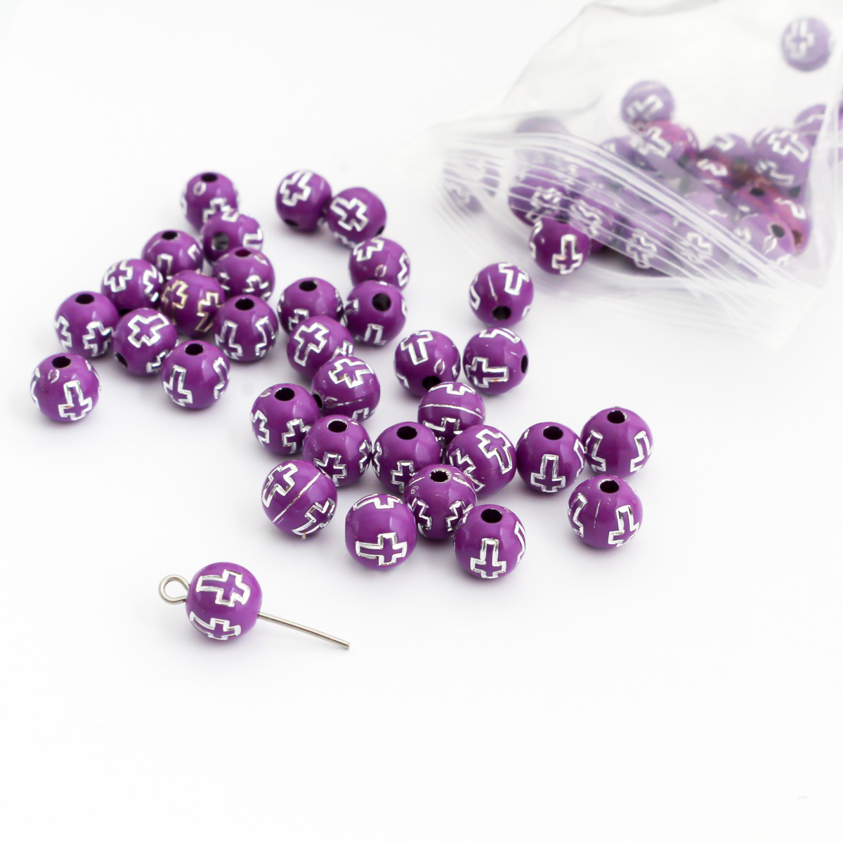 8mm Purple Beads with Silver Crosses - Prayer Beads for Five Decade Rosary - 60pcs