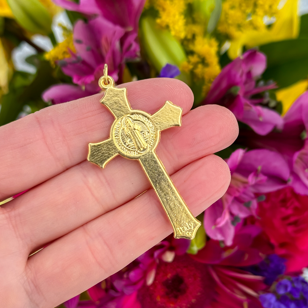 Gold St. Benedict Rosary Crucifix Cross with Flared Edges 2-1/8" Long
