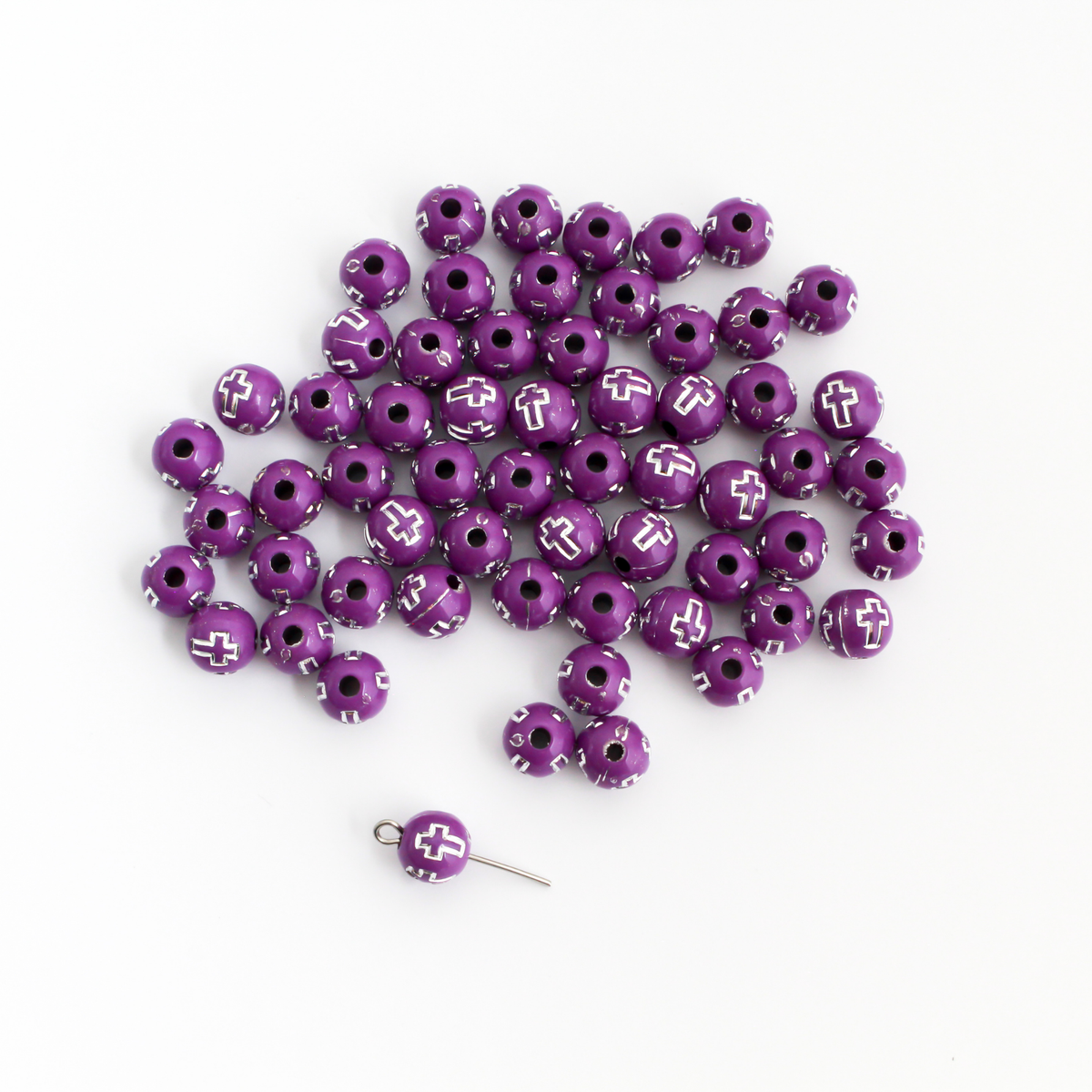 8mm Purple Beads with Silver Crosses - Prayer Beads for Five Decade Rosary - 60pcs