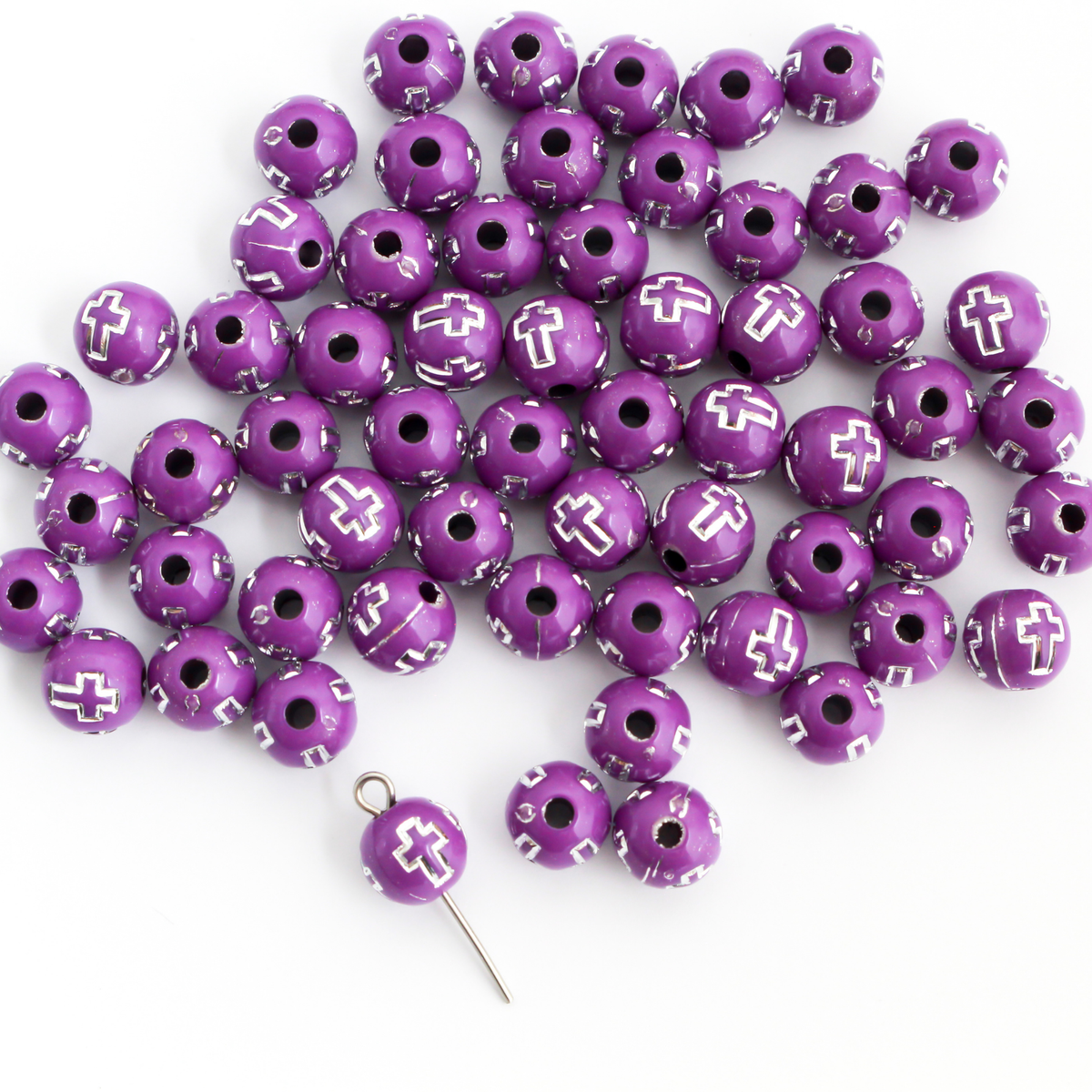 8mm Purple Beads with Silver Crosses - Prayer Beads for Five Decade Rosary - 60pcs