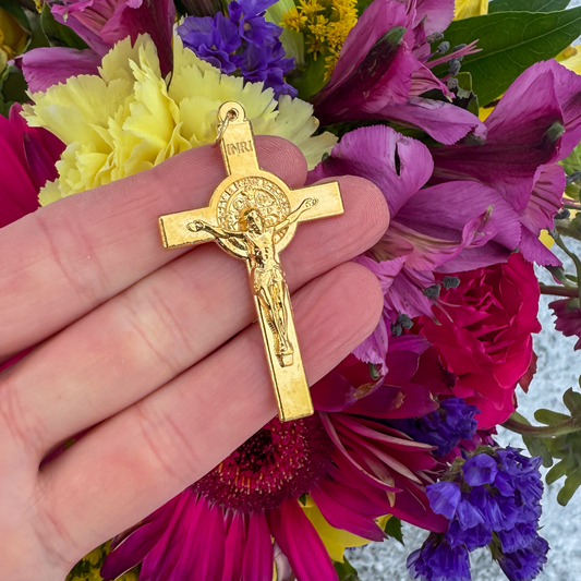 Gold Saint Benedict Large Rosary Crucifix Cross 2-1/8 inches long