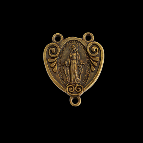 Bronze Miraculous Medal Rosary Centerpiece that is Heart-Shaped with Ornate Scrollwork, English Inscription