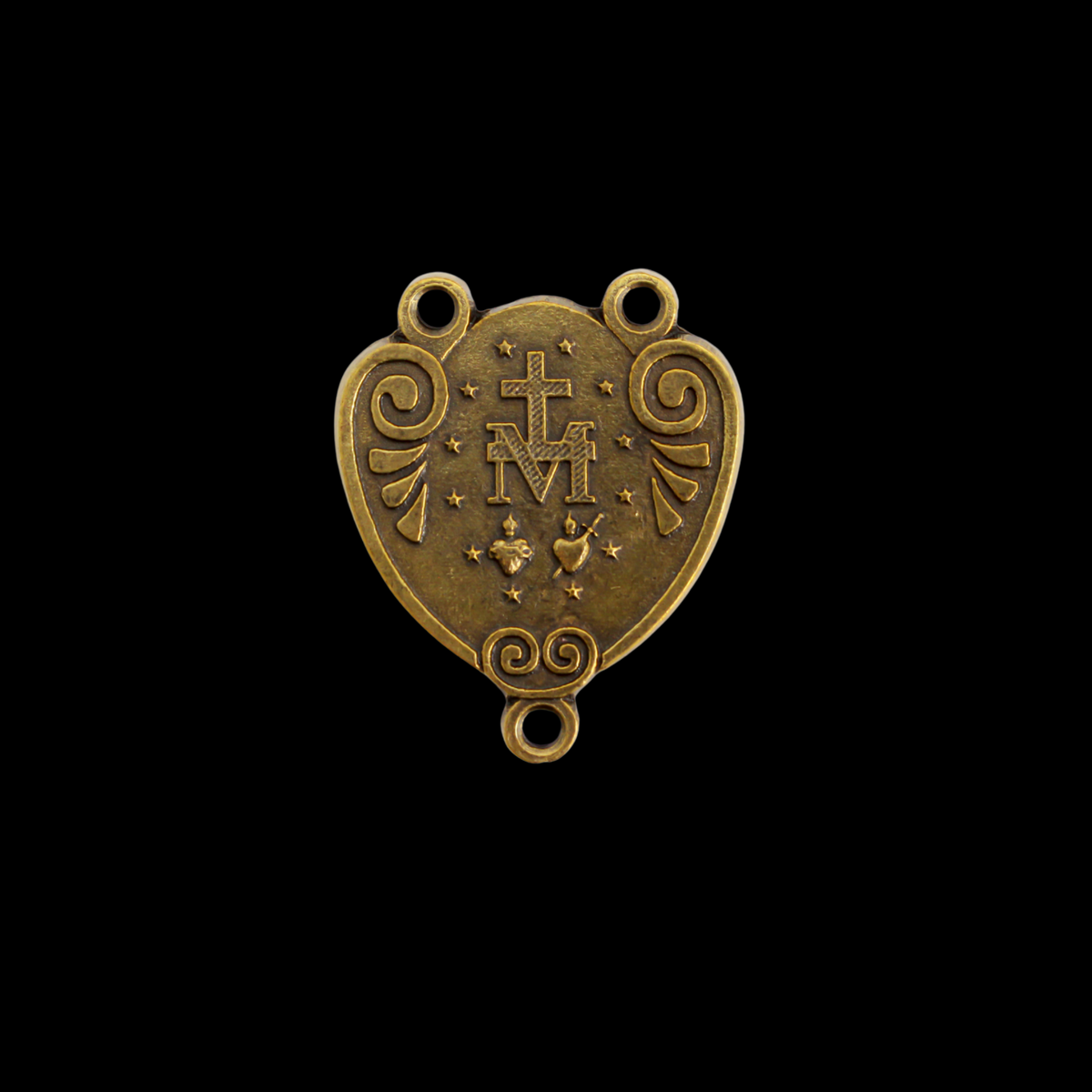 Bronze Miraculous Medal Rosary Centerpiece that is Heart-Shaped with Ornate Scrollwork, English Inscription