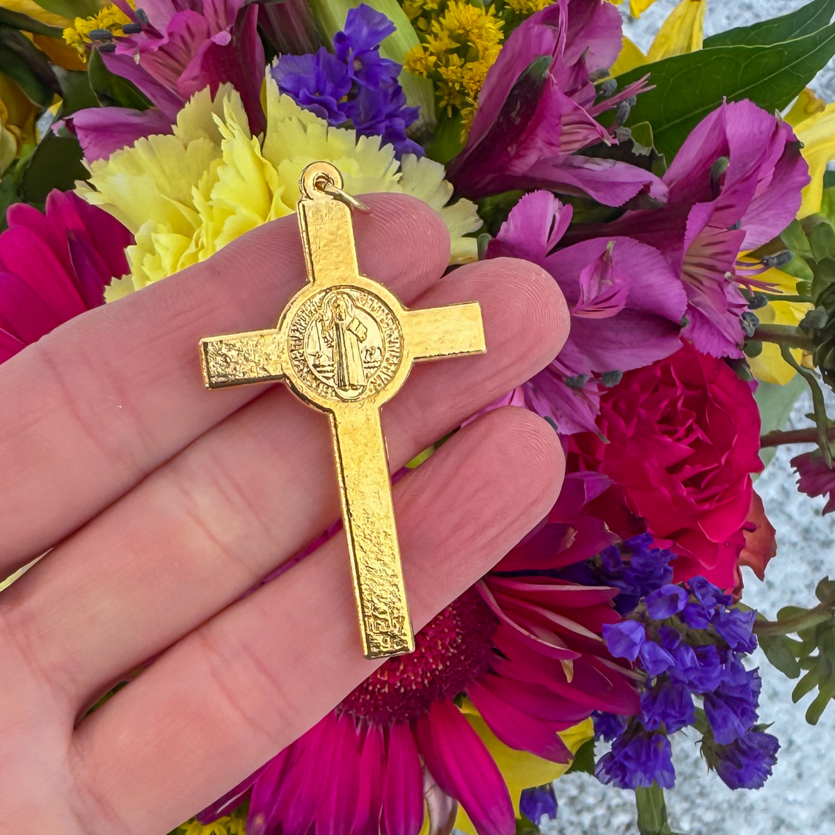 Gold Saint Benedict Large Rosary Crucifix Cross 2-1/8 inches long