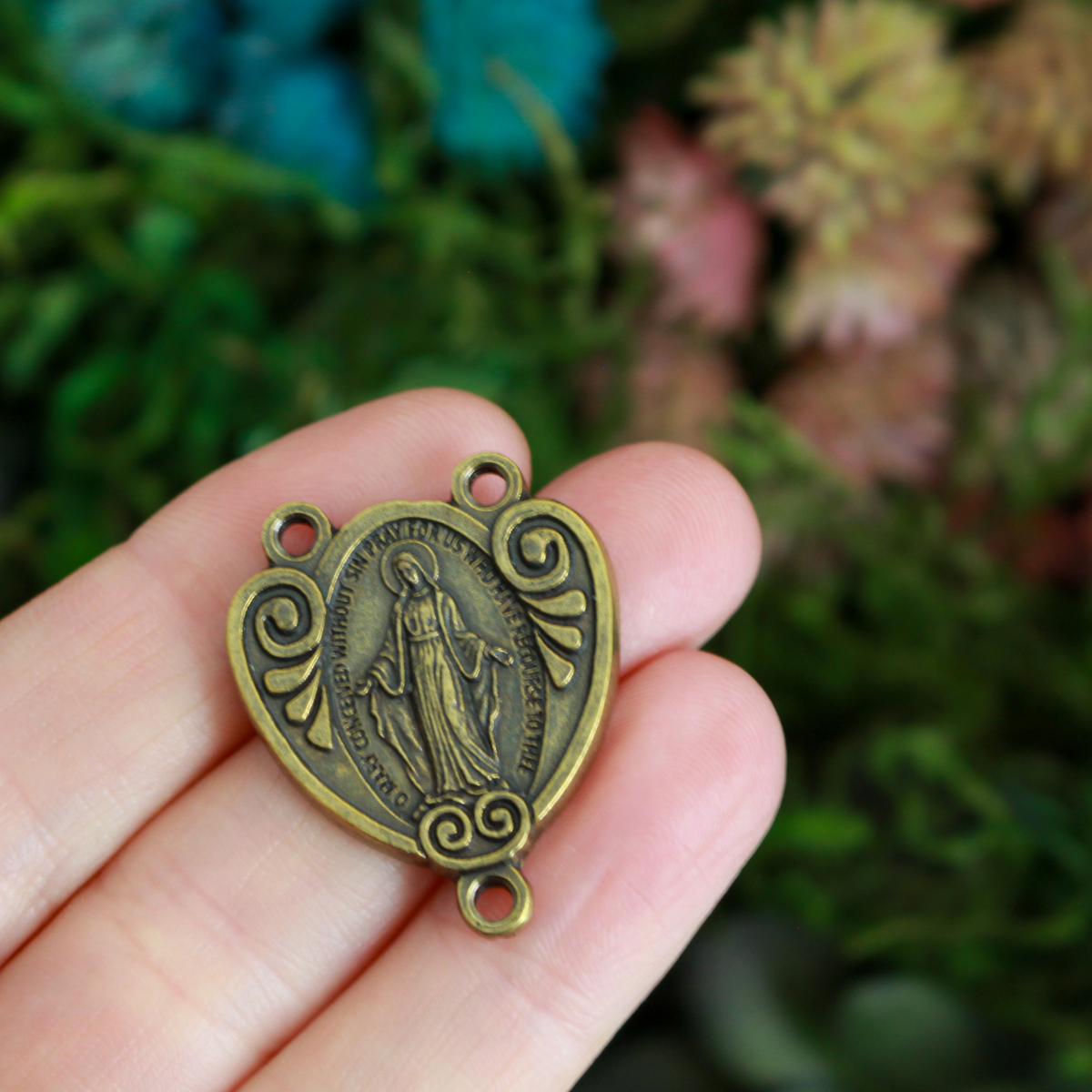 Bronze Miraculous Medal Rosary Centerpiece that is Heart-Shaped with Ornate Scrollwork, English Inscription