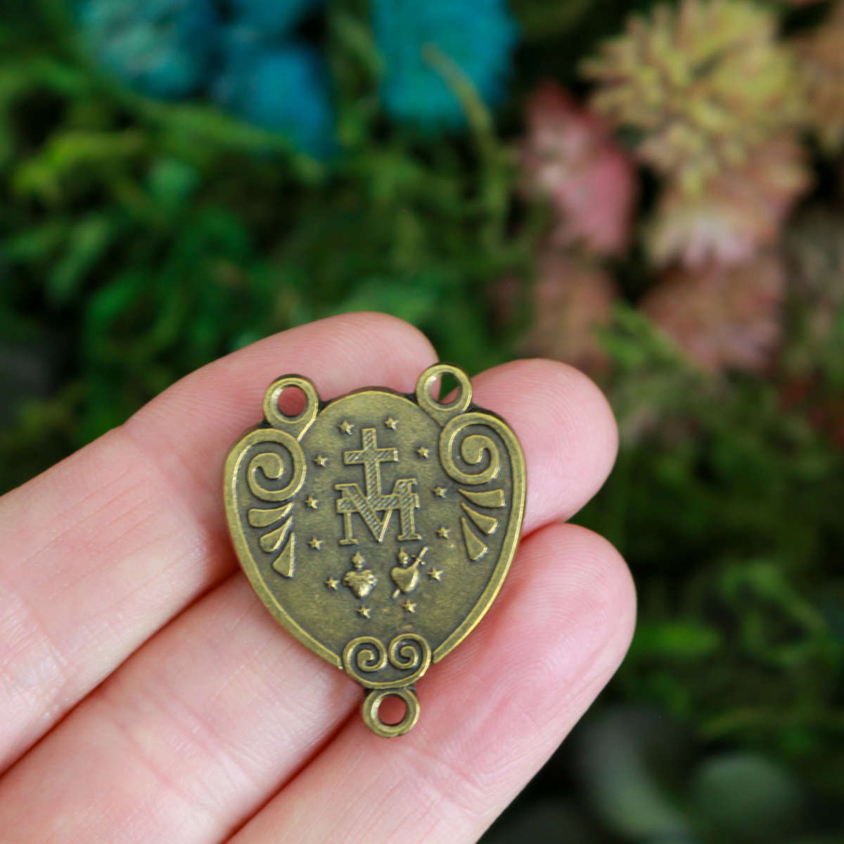 Bronze Miraculous Medal Rosary Centerpiece that is Heart-Shaped with Ornate Scrollwork, English Inscription