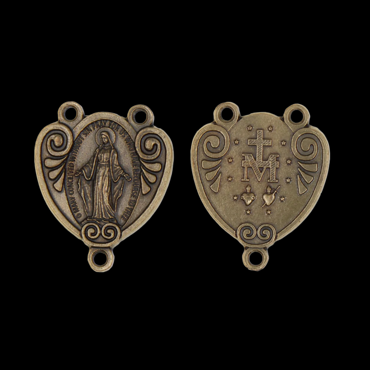 Bronze Miraculous Medal Rosary Centerpiece that is Heart-Shaped with Ornate Scrollwork, English Inscription
