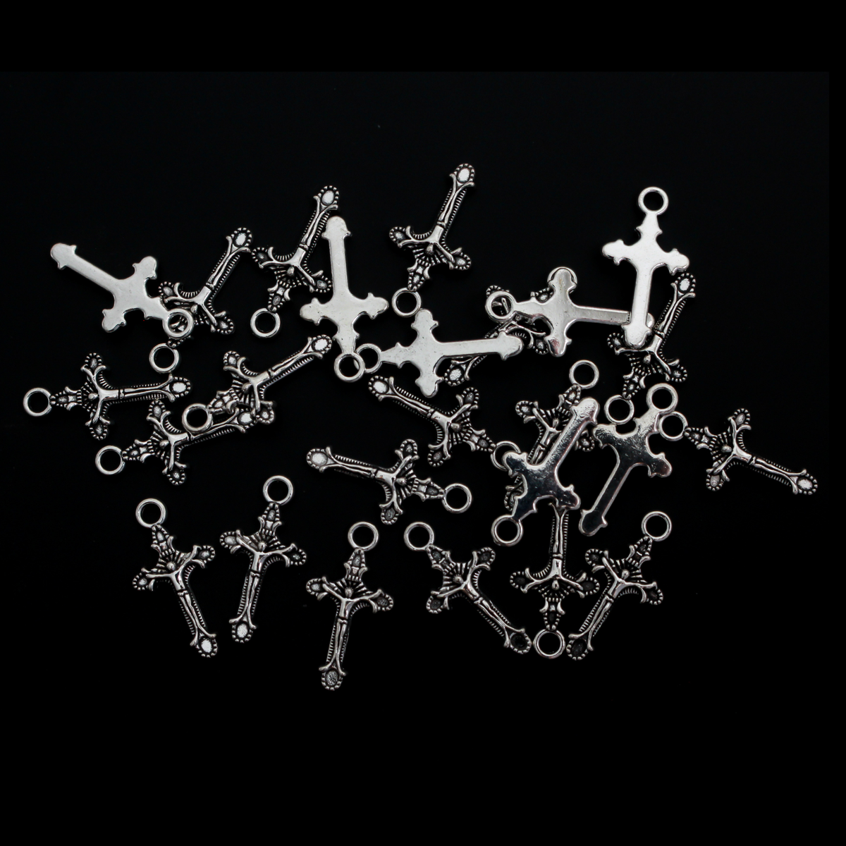 Small Crucifix Cross Charms - Antiqued Silver Tone, 22mm long, 25 pieces
