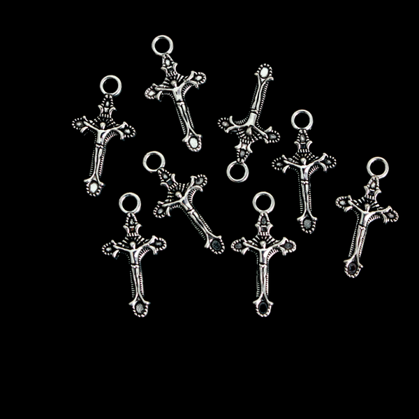 Small Crucifix Cross Charms - Antiqued Silver Tone, 22mm long, 25 pieces