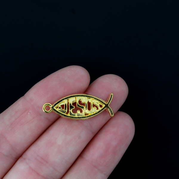 Gold Jesus Fish Charms Christian Ichthys Symbol 27mm Long, 10pcs