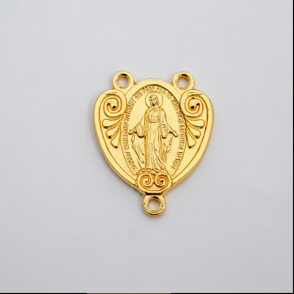 Gold Miraculous Medal Rosary Centerpiece that is Heart-Shaped with Ornate Scrollwork, English Inscription