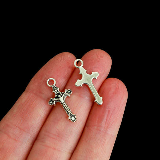 Small Crucifix Cross Charms - Antiqued Silver Tone, 22mm long, 25 pieces