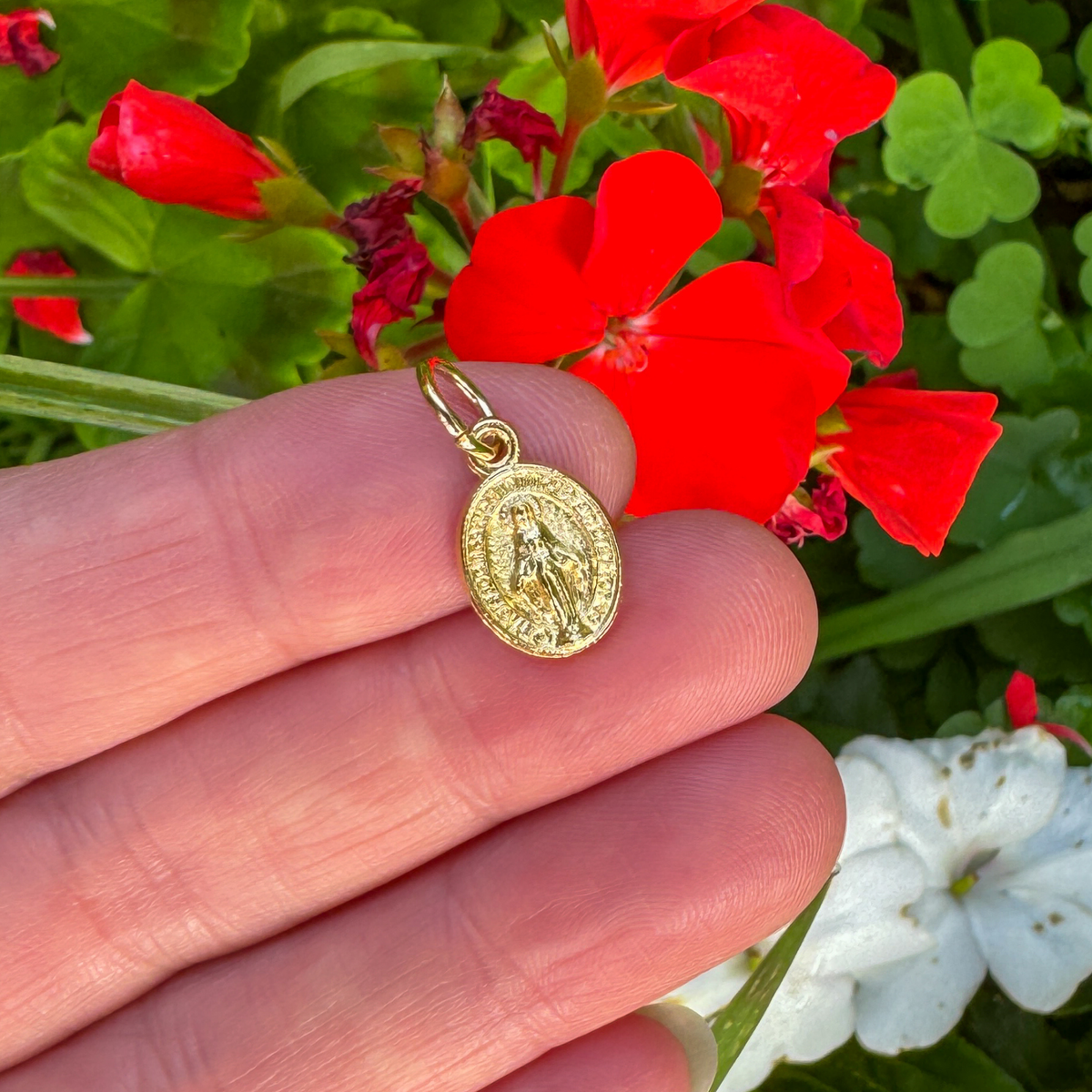 Tiny Gold Miraculous Mary Medal of the Immaculate Conception in English