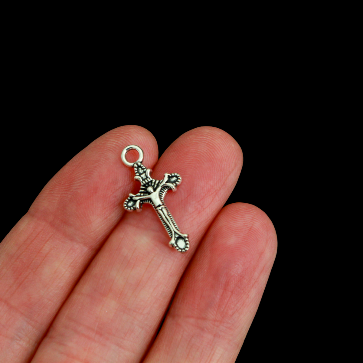 Small Crucifix Cross Charms - Antiqued Silver Tone, 22mm long, 25 pieces