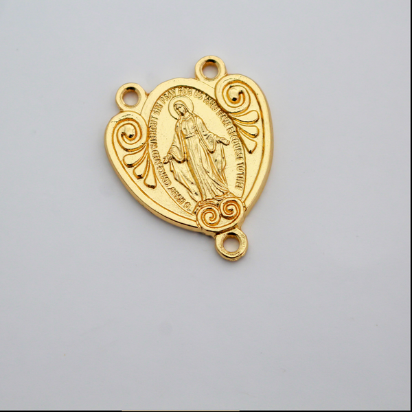 Gold Miraculous Medal Rosary Centerpiece that is Heart-Shaped with Ornate Scrollwork, English Inscription