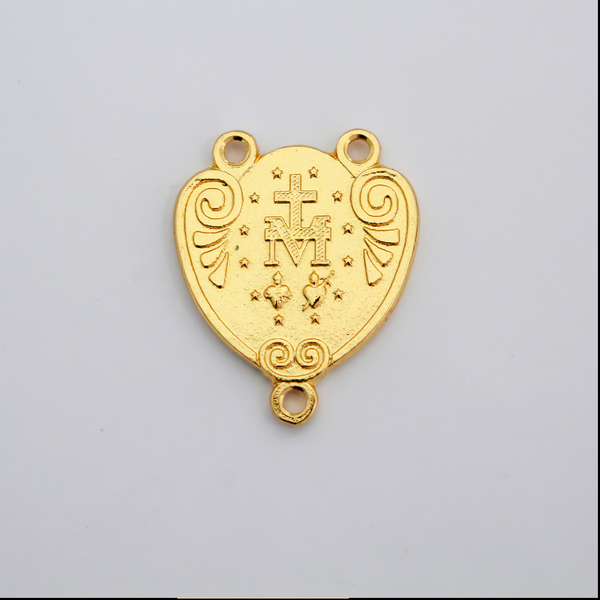 Gold Miraculous Medal Rosary Centerpiece that is Heart-Shaped with Ornate Scrollwork, English Inscription