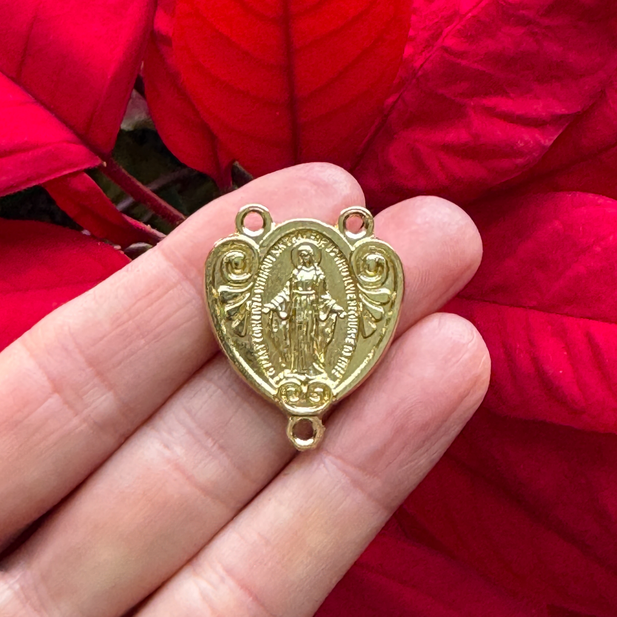 Gold Miraculous Medal Rosary Centerpiece that is Heart-Shaped with Ornate Scrollwork, English Inscription