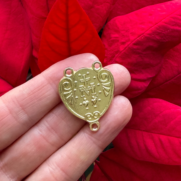 Gold Miraculous Medal Rosary Centerpiece that is Heart-Shaped with Ornate Scrollwork, English Inscription