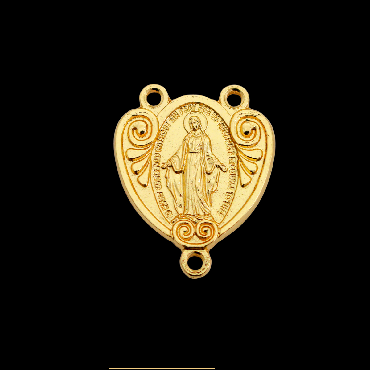 Gold Miraculous Medal Rosary Centerpiece that is Heart-Shaped with Ornate Scrollwork, English Inscription