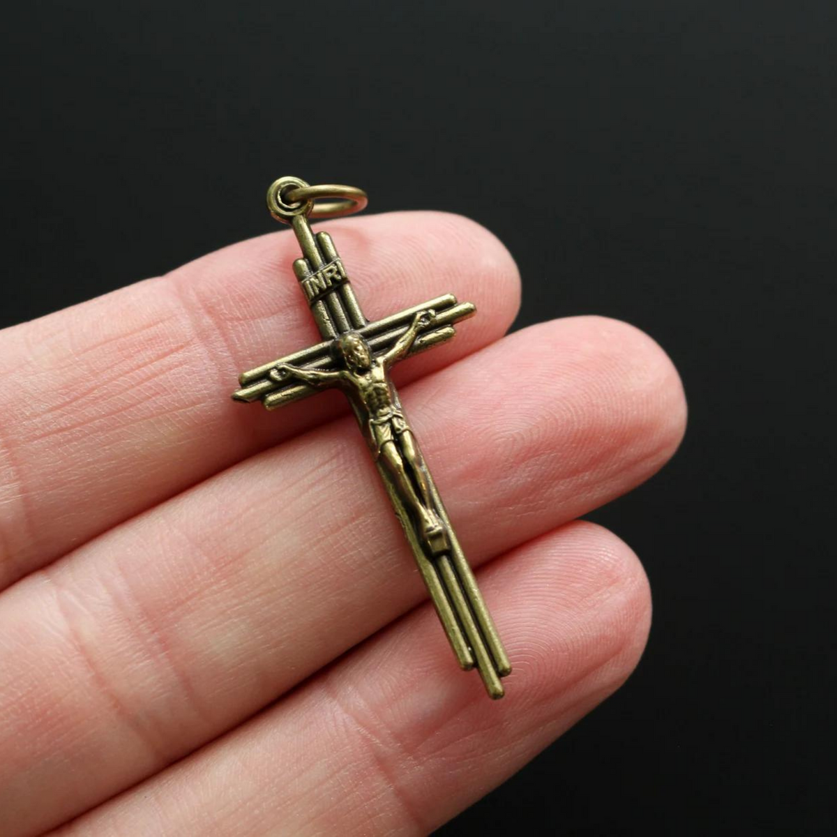 Bronze Crucifix Cross Pendant in Three Bar Design 1-5/8" Long