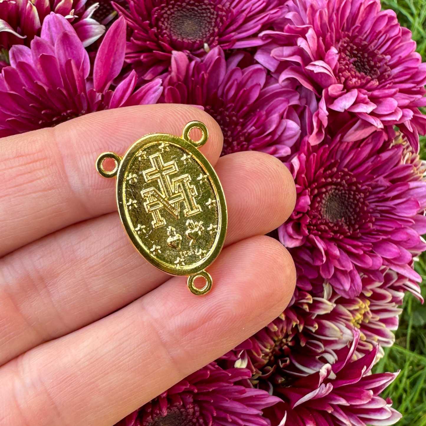 Gold Miraculous Medal Rosary Centerpiece - Handcrafted in Italy with English Inscription