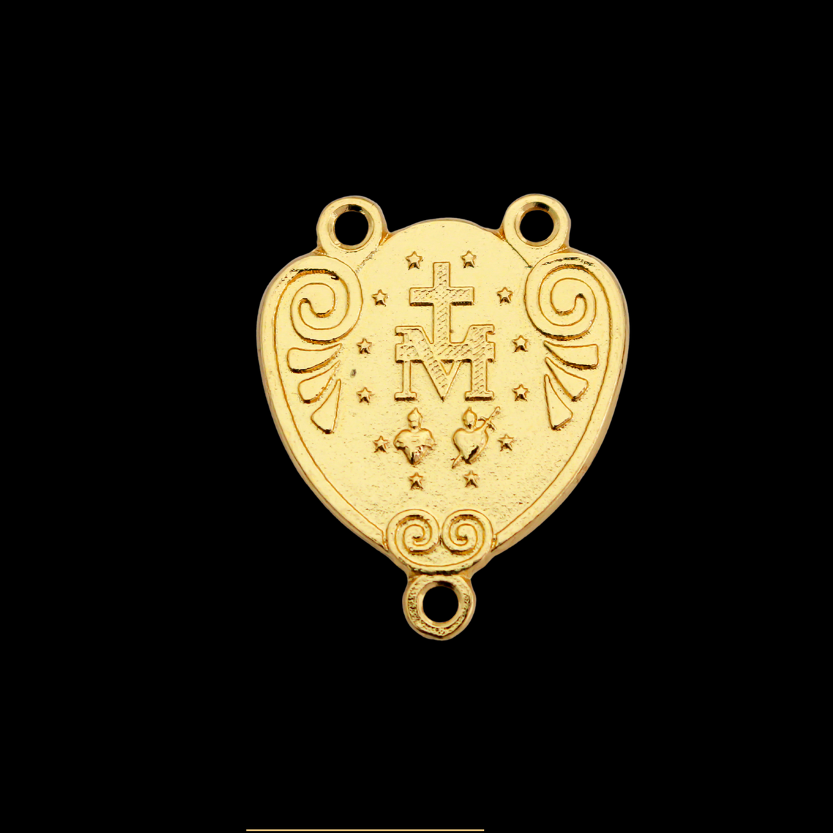 Gold Miraculous Medal Rosary Centerpiece that is Heart-Shaped with Ornate Scrollwork, English Inscription