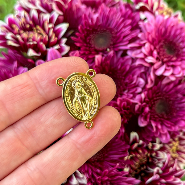 Gold Miraculous Medal Rosary Centerpiece - Handcrafted in Italy with English Inscription