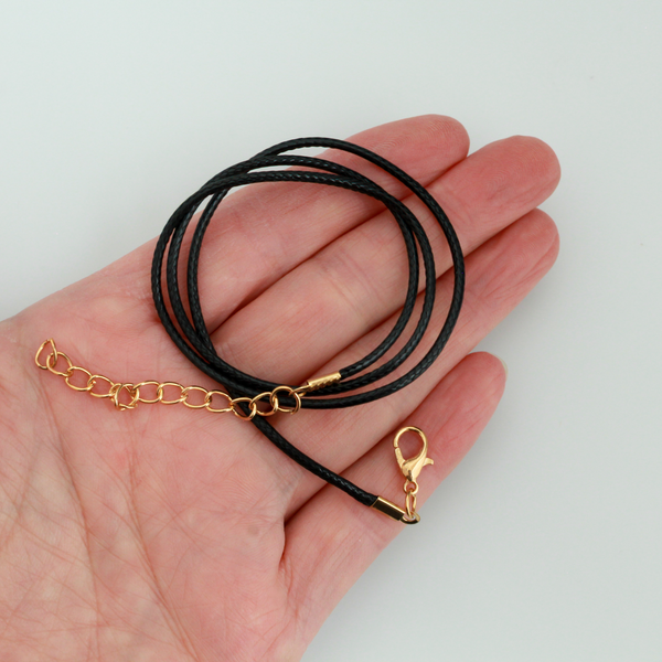 Black Wax Cord Necklace 17-1/8" Long with Gold 2" Extender Chain