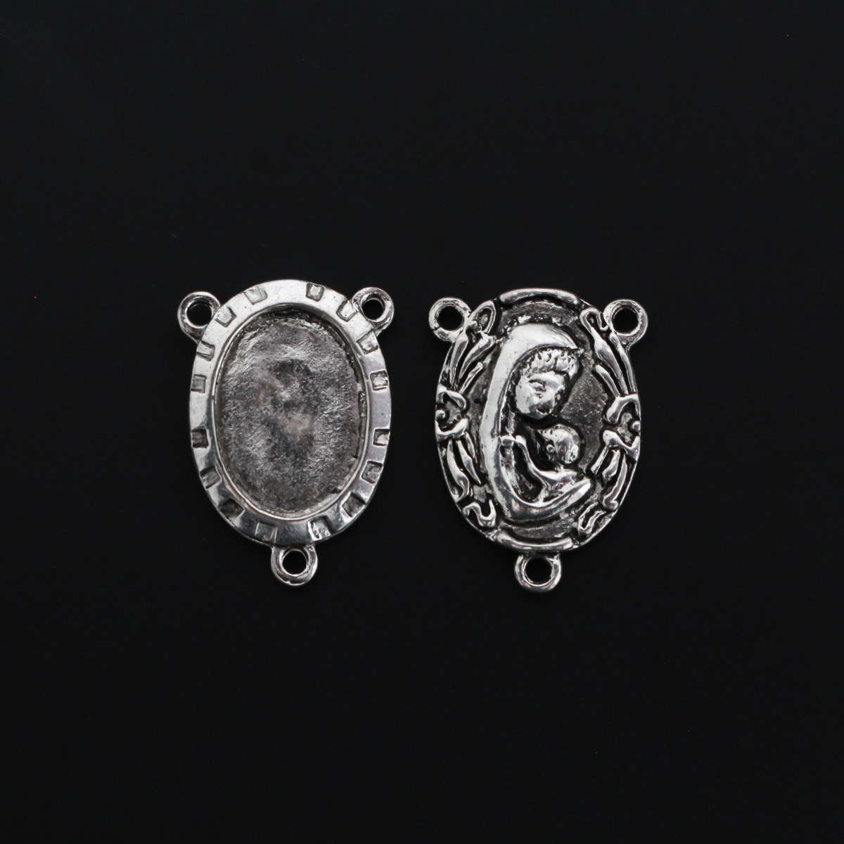 Rosary Centerpiece Bezel Trays with Madonna and Child on the Back - Fits 18x13mm Oval Cabochon, 5pcs
