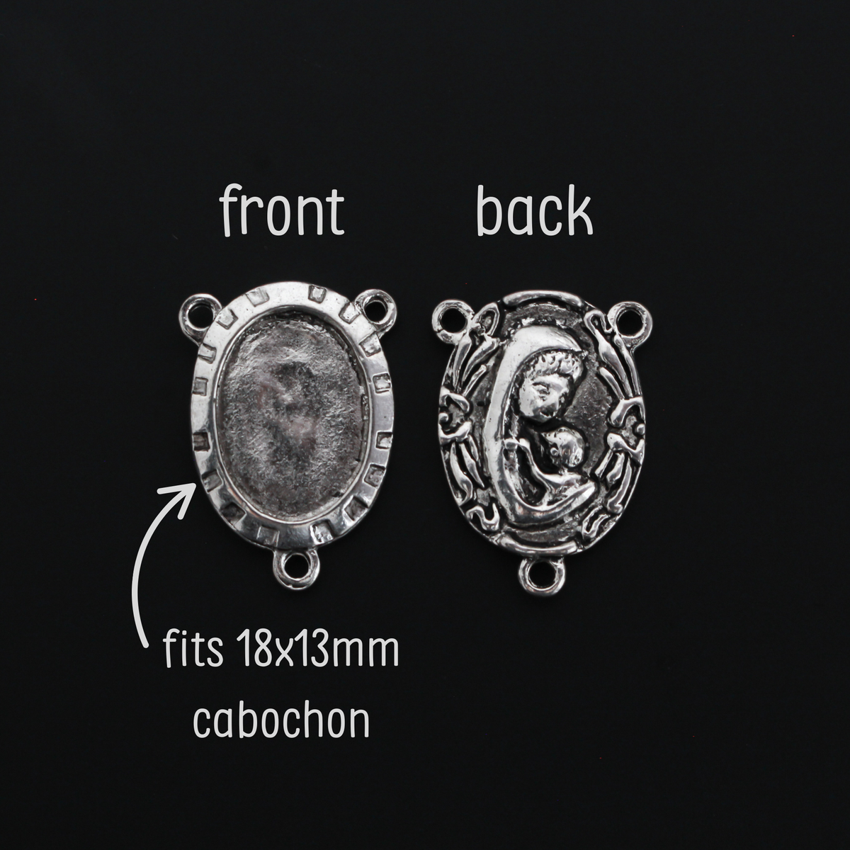 Rosary Centerpiece Bezel Trays with Madonna and Child on the Back - Fits 18x13mm Oval Cabochon, 5pcs