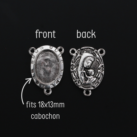 Rosary Centerpiece Bezel Trays with Madonna and Child on the Back - Fits 18x13mm Oval Cabochon, 5pcs