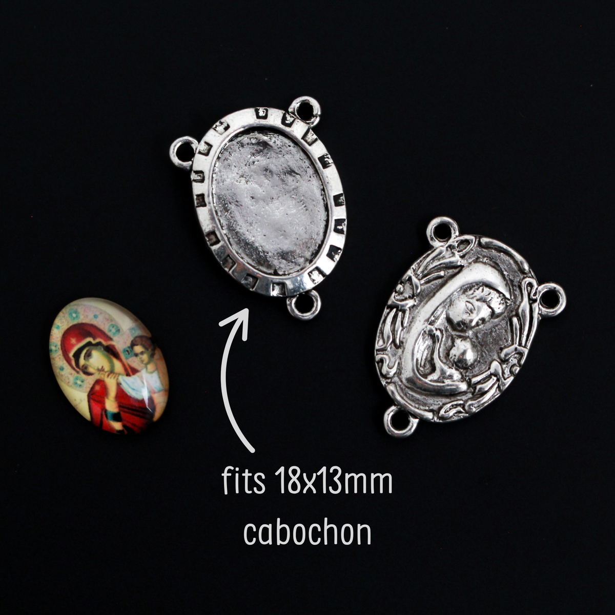 Rosary Centerpiece Bezel Trays with Madonna and Child on the Back - Fits 18x13mm Oval Cabochon, 5pcs