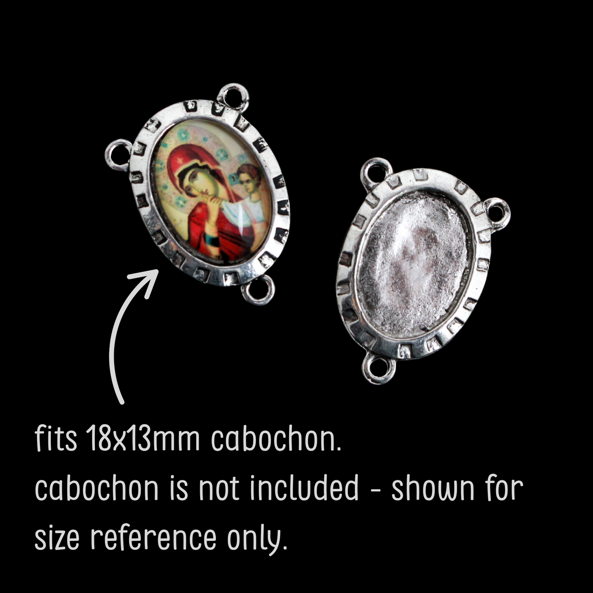 Rosary Centerpiece Bezel Trays with Madonna and Child on the Back - Fits 18x13mm Oval Cabochon, 5pcs