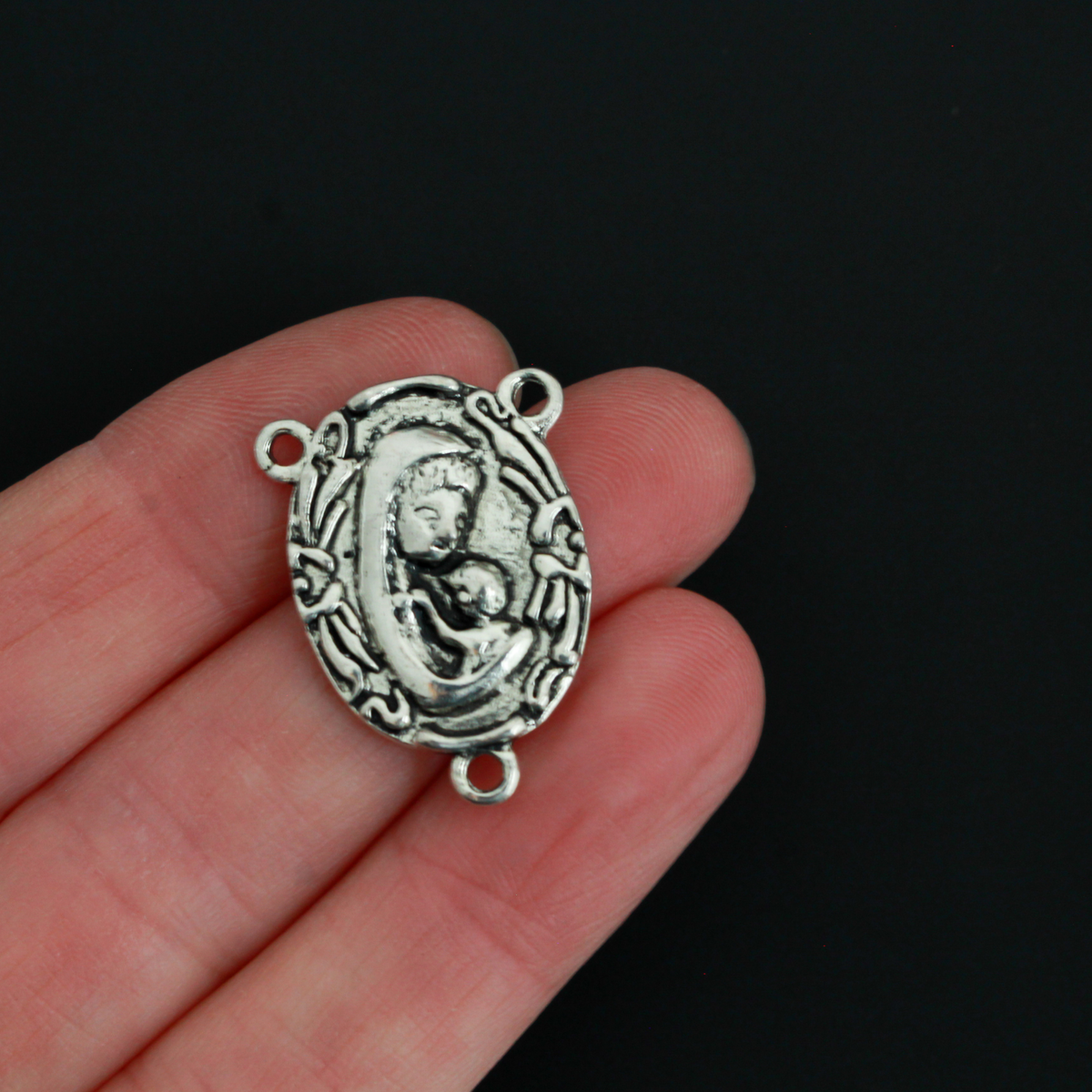 Rosary Centerpiece Bezel Trays with Madonna and Child on the Back - Fits 18x13mm Oval Cabochon, 5pcs