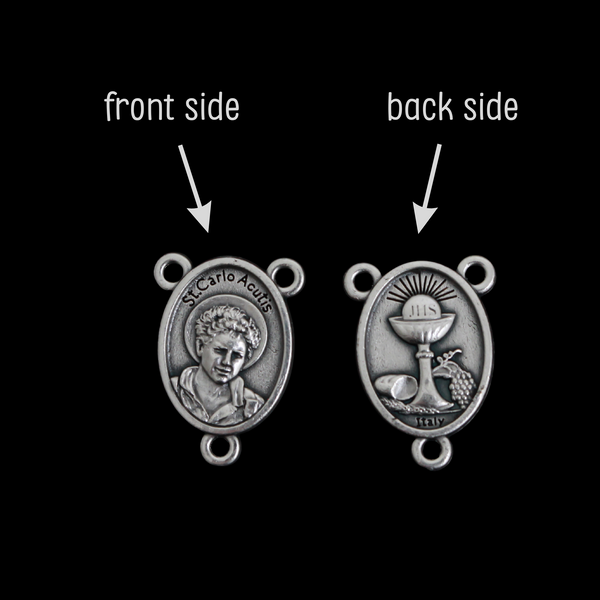 Saint Carlo Acutis Rosary Centerpiece with Eucharist Symbols