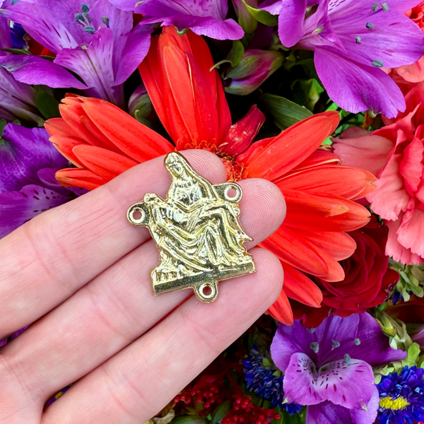 Gold La Pieta Rosary Centerpiece - Thirteenth Station Jesus Taken Down From the Cross