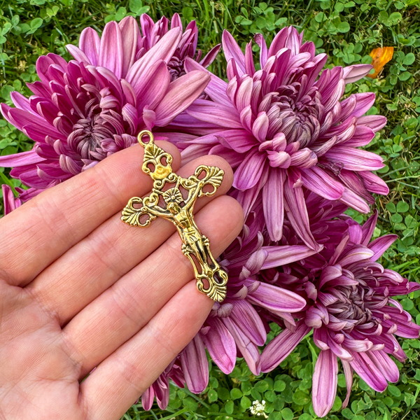 Fleur de Lis Antique Gold Crucifix Pendant 2-1/8" Long, 3pcs