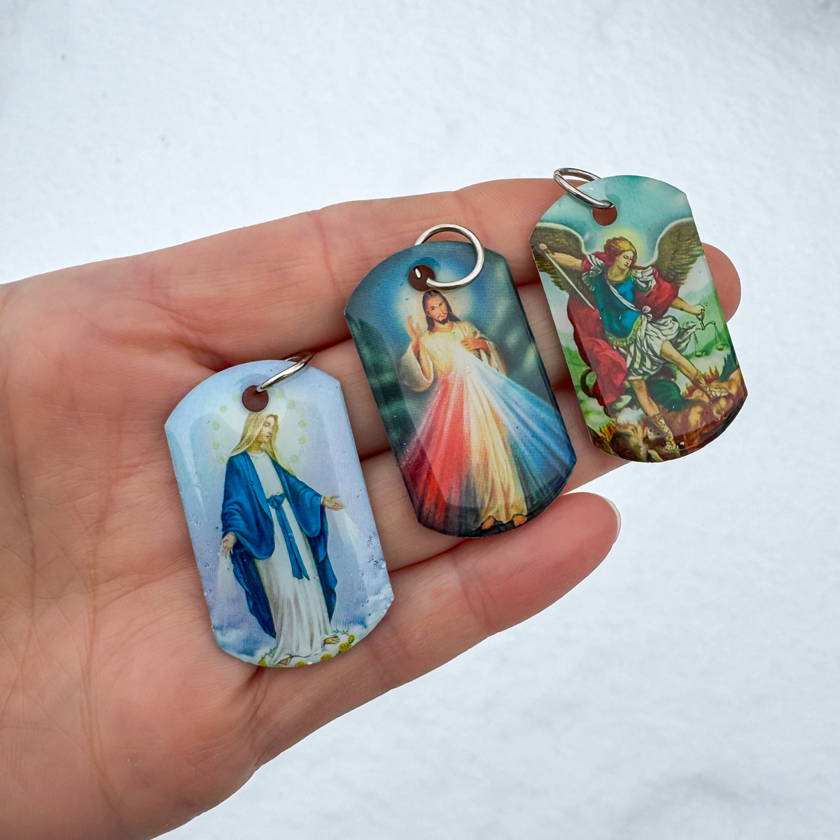 Religious Dogtag Pendants - St. Michael - Divine Mercy of Jesus - Our Lady of Grace, 40mm long