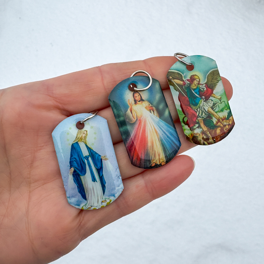 Religious Dogtag Pendants - St. Michael - Divine Mercy of Jesus - Our Lady of Grace, 40mm long