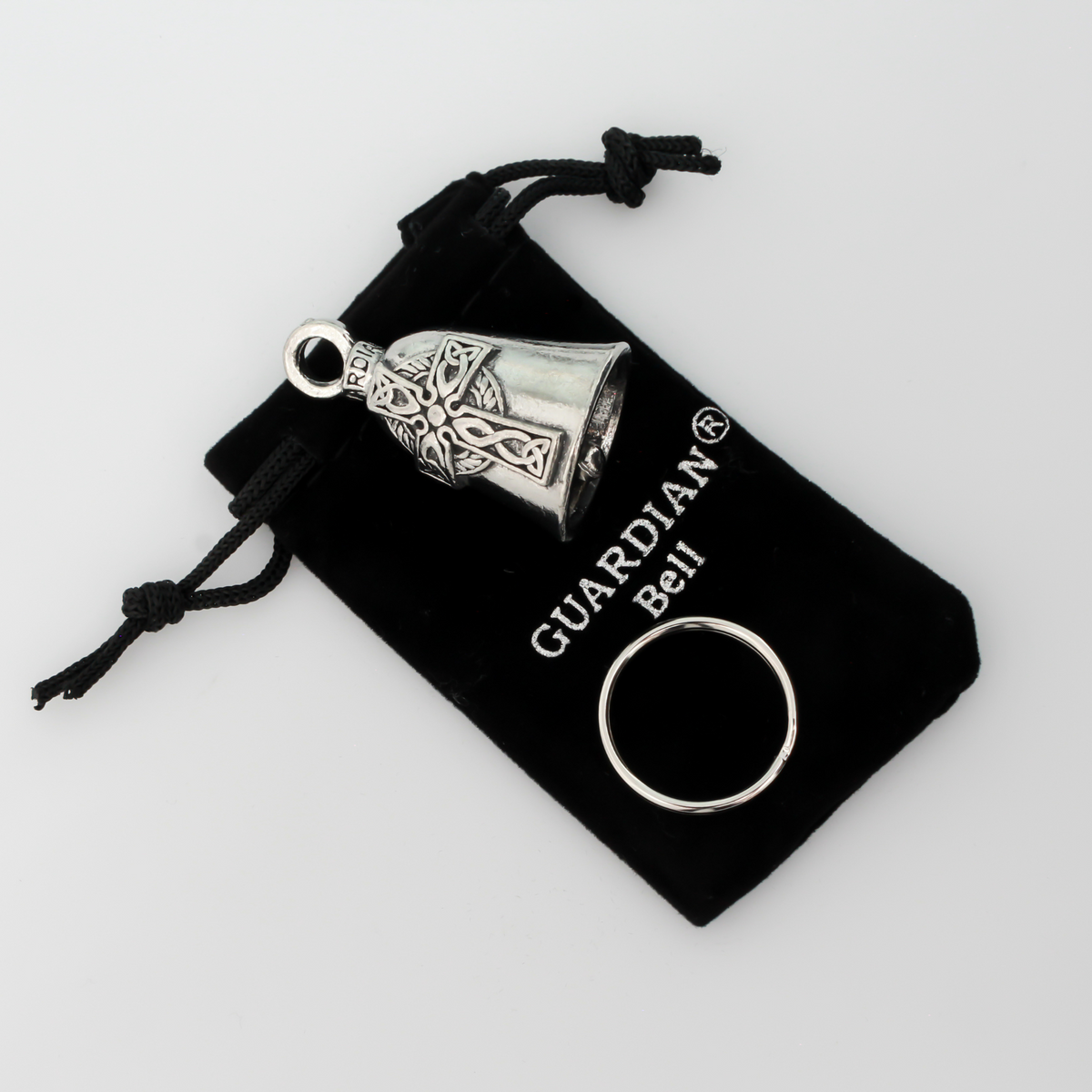 Celtic Cross Guardian bell. There is a large Celtic cross on the front of the bell, the backside is blank.