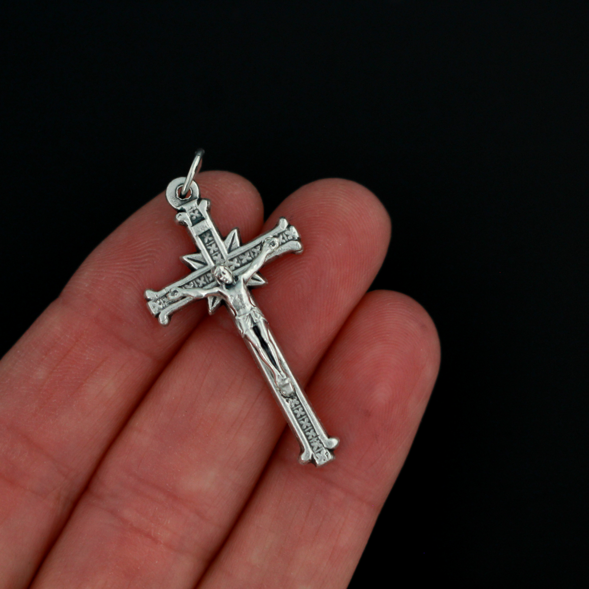 Silver Tone Crucifix with Crosshatch Pattern, 1-1/2" long